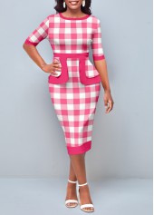 Pink Plaid Round Neck Bodycon Dress