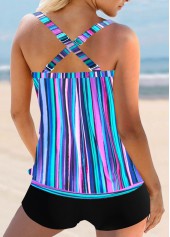 Rainbow Stripe Cross Strap Blue Tankini Set