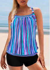 Rainbow Stripe Cross Strap Blue Tankini Set
