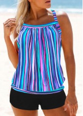 Rainbow Stripe Cross Strap Blue Tankini Set