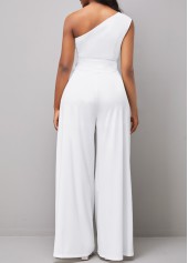 Skew Neck Lace Stitching Belted White Jumpsuit