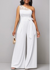 Skew Neck Lace Stitching Belted White Jumpsuit