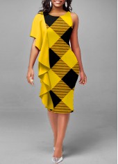 Plaid Flounce Yellow Round Neck Dress