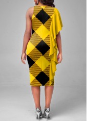 Plaid Flounce Yellow Round Neck Dress