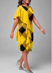 Plaid Flounce Yellow Round Neck Dress