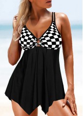 Checkered Print Asymmetric Hem Black Swimdress Top-No Bottom