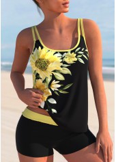 Yellow Sunflower Print Double Straps Tankini Set