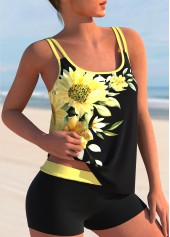 Yellow Sunflower Print Double Straps Tankini Set