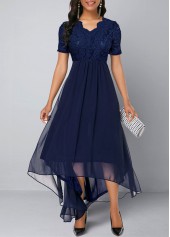 Chiffon Lace Stitching Asymmetric Hem Navy Blue Dress