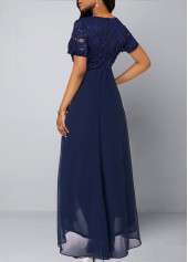 Chiffon Lace Stitching Asymmetric Hem Navy Blue Dress