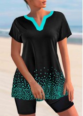 Split Neck Short Sleeve Black Tankini Set