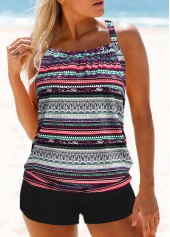 Multi Color Tribal Print Cross Strap Tankini Set