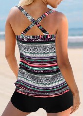 Multi Color Tribal Print Cross Strap Tankini Set