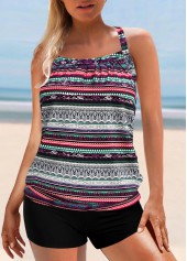 Multi Color Tribal Print Cross Strap Tankini Set