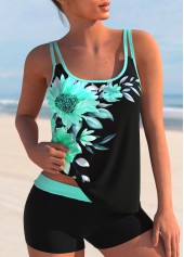 Cyan Sunflower Print Double Straps Tankini Set