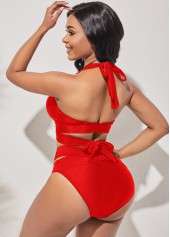 Cross Strap High Waisted Halter Red Bikini Set