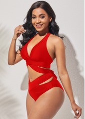Cross Strap High Waisted Halter Red Bikini Set
