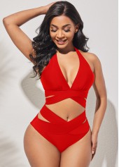 Cross Strap High Waisted Halter Red Bikini Set