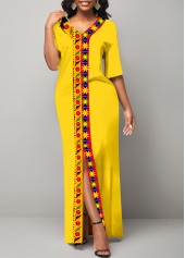 Tribal Print Front Slit Yellow Maxi Dress