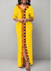 Tribal Print Front Slit Yellow Maxi Dress