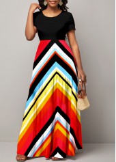 Round Neck Short Sleeve Chevron Print Maxi Dress