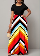 Round Neck Short Sleeve Chevron Print Maxi Dress