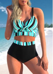 Front Cross High Waisted Stripe Print Bikini Set
