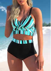 Front Cross High Waisted Stripe Print Bikini Set