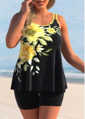 Sunflower Print Yellow Plus Size Tankini Set