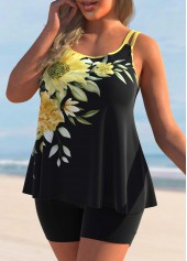 Sunflower Print Yellow Plus Size Tankini Set