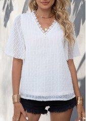 Textured V Neck Lace Patchwork White T Shirt