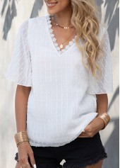 Textured V Neck Lace Patchwork White T Shirt