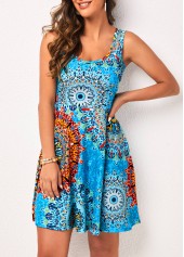 Wide Strap Sky Blue Tribal Print Dress