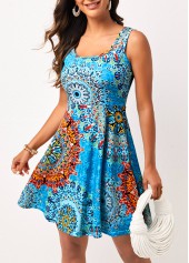 Wide Strap Sky Blue Tribal Print Dress