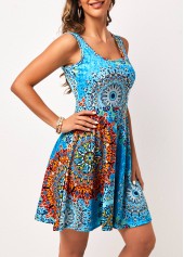Wide Strap Sky Blue Tribal Print Dress