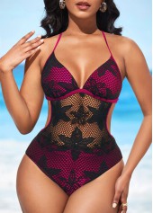 Halter Lace Panel Rose Red One Piece Swimwear