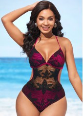 Halter Lace Panel Rose Red One Piece Swimwear