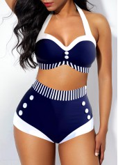 High Waisted Striped Button Navy Bikini Set