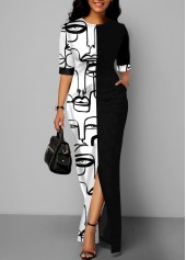 Figure Print Pocket Black Maxi Dress