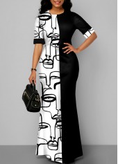 Figure Print Pocket Black Maxi Dress