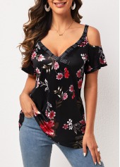 Black Strappy Cold Shoulder Floral Print T Shirt