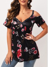 Black Strappy Cold Shoulder Floral Print T Shirt