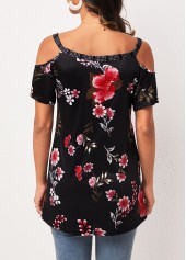 Black Strappy Cold Shoulder Floral Print T Shirt