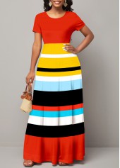 Short Sleeve Round Neck Rainbow Stripe Dress