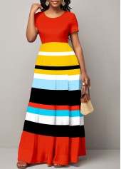 Short Sleeve Round Neck Rainbow Stripe Dress