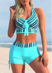 Tribal Print Cyan Striped Mid Waist Bikini Set