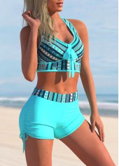 Tribal Print Cyan Striped Mid Waist Bikini Set