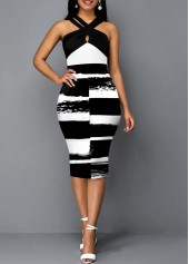 Cross Halter Color Block Graffiti Print Dress