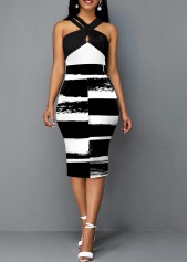 Cross Halter Color Block Graffiti Print Dress