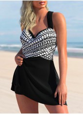 Cross Strap Geometric Print Black Swimdress Top-No Bottom